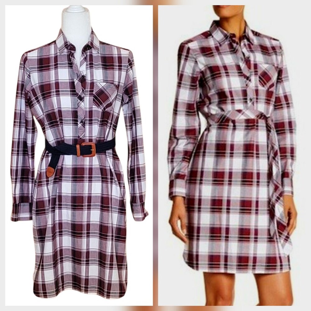 Foxcroft Preppy Shirtdress 100% Crisp Cotton Navy Burgundy Plaid Sz 6 New